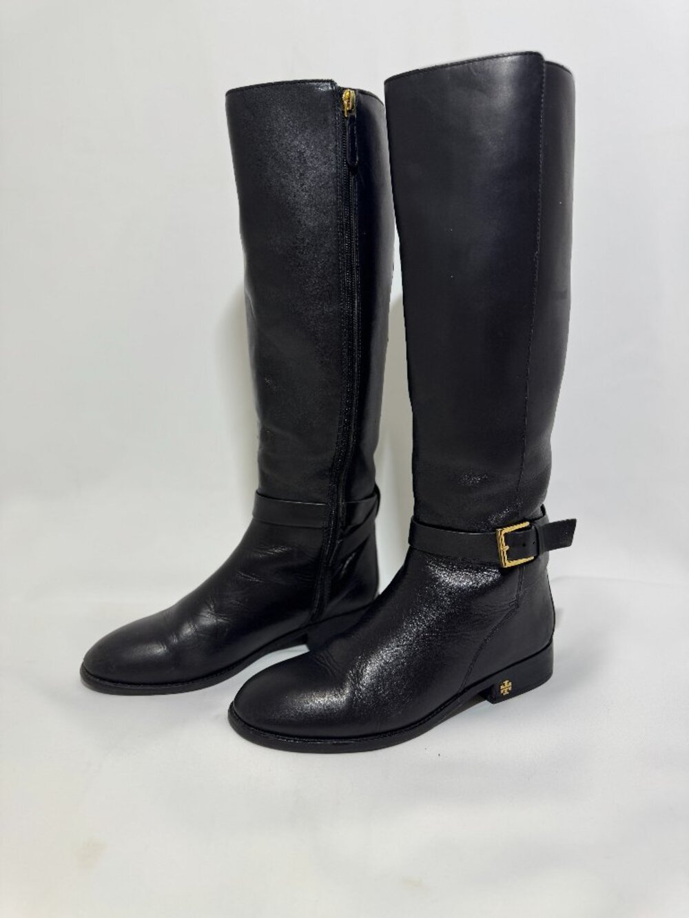 TORY BURCH BROOKE BLACK TUMBLED LEATHER GOLD REVA TALL RIDING BOOTS 8.5